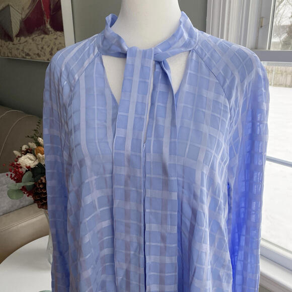 Pearl By Lela Rose Womens Long‎ Sleeve V Neck Blouse Blue Size XS Neck Tie - Picture 2 of 5